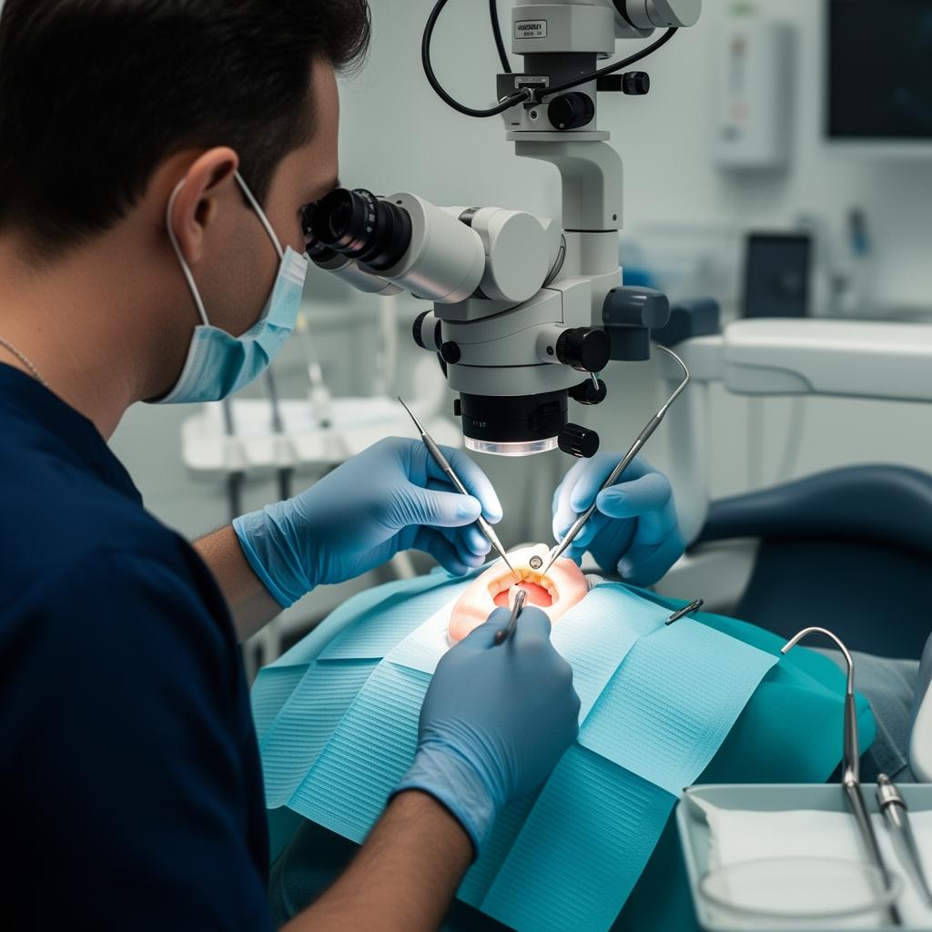 Dentist working under microscope with rubber dam